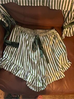 Abella Green and White Striped Ruffle Hem Shorts